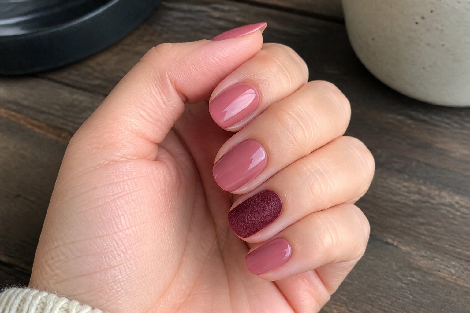 Close-up of a hand with mismatched nails, one ring finger painted textured velvet burgundy and other fingers painted glossy rose.