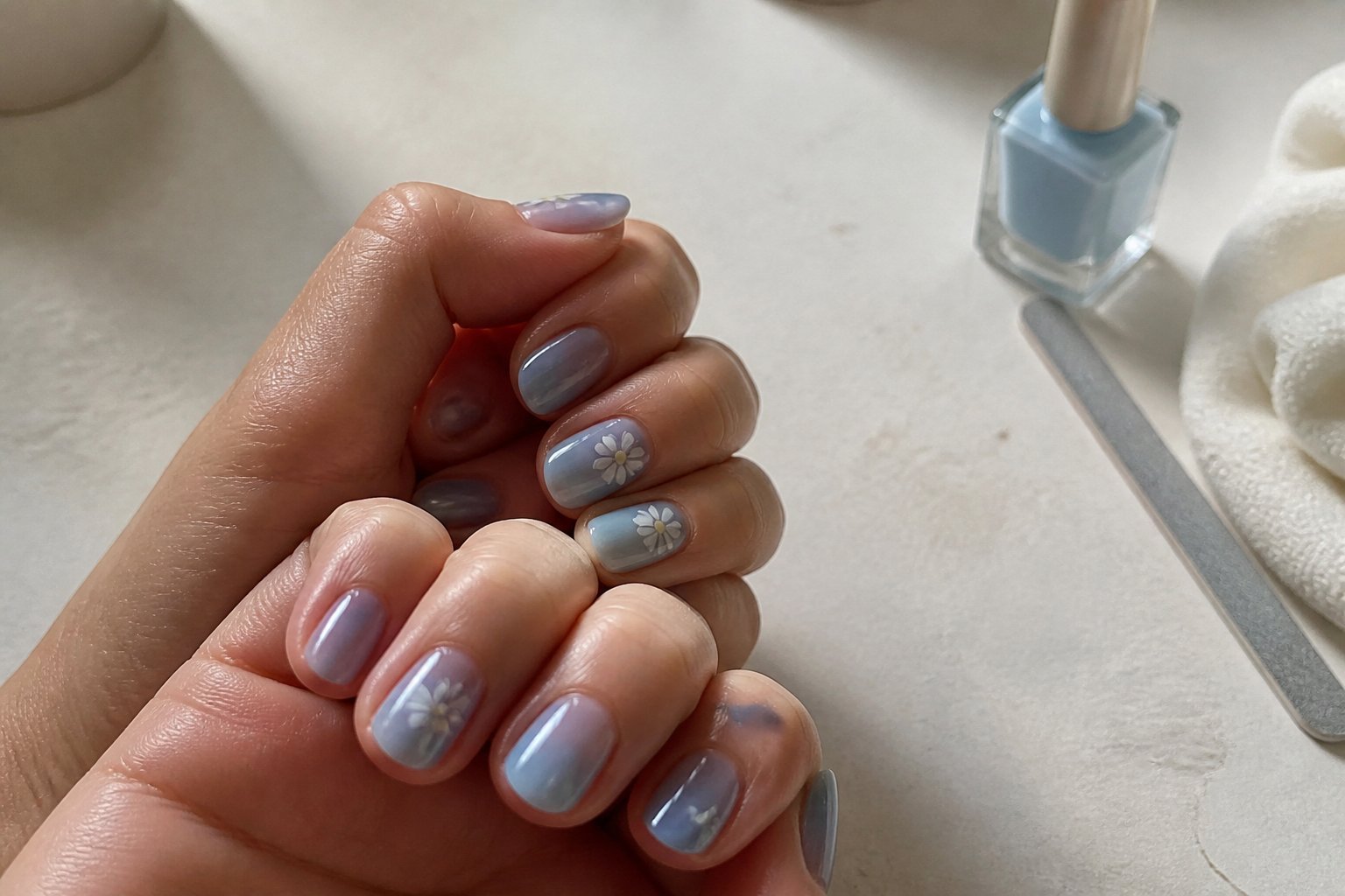 Close-up of hands with sheer jelly blue nails featuring tiny white daisies on some nails, surrounded by nail care tools on a soft daylight surface.