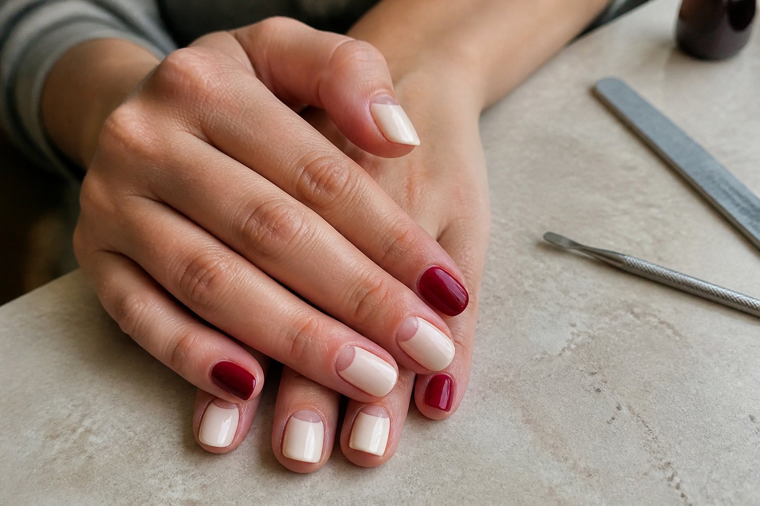 Close-up of hands with mismatched nails, showing cream half-moon designs and glossy crimson nails, resting on a textured surface with manicure tools nearby.