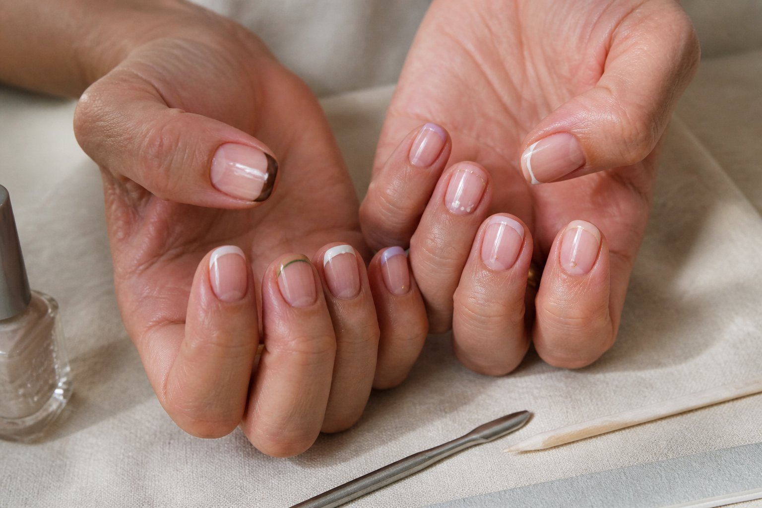 Close-up of hands showing 10 micro French nail designs with manicure tools on a textured surface in soft natural daylight.
