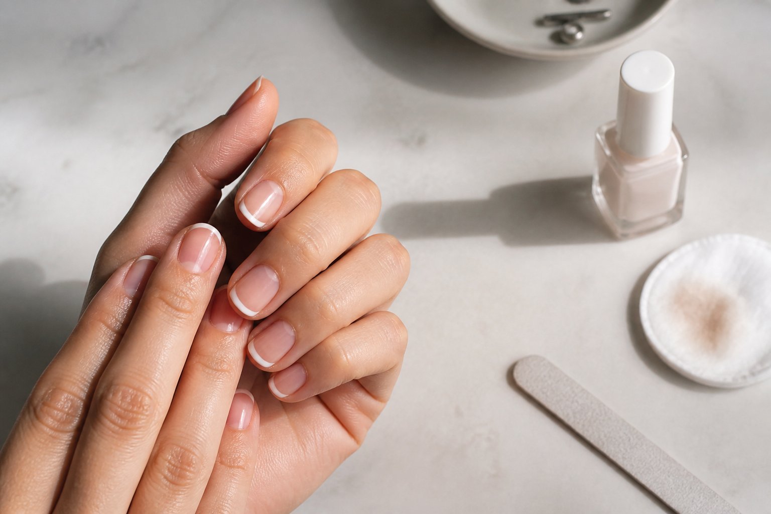 Close-up of hands with nude micro French manicure featuring a thin white line, surrounded by manicure tools on a softly lit surface.