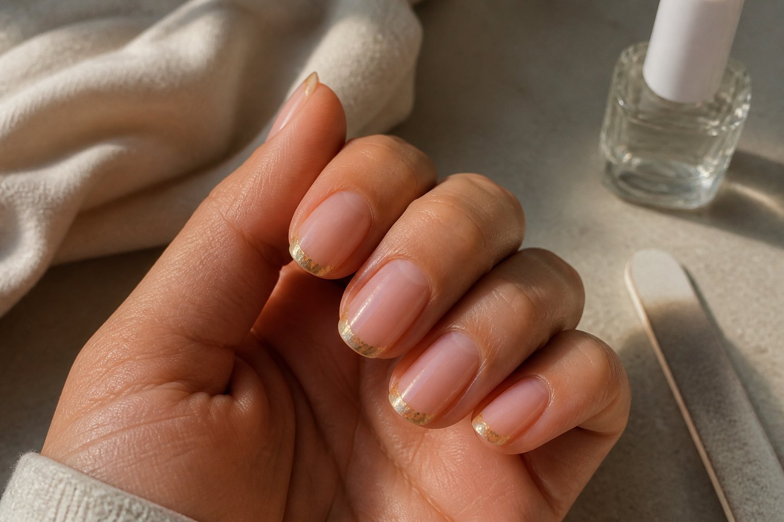 Close-up of hands with sheer pink nails featuring gold foil micro French tips, surrounded by nail care tools on a light surface.