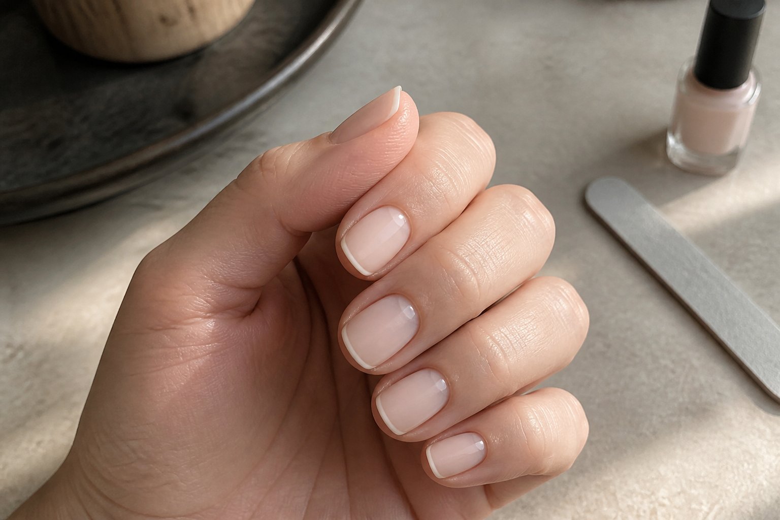 Close-up of hands with matte ivory micro French nails and glossy crescent accents, surrounded by nail care tools on a softly lit surface.