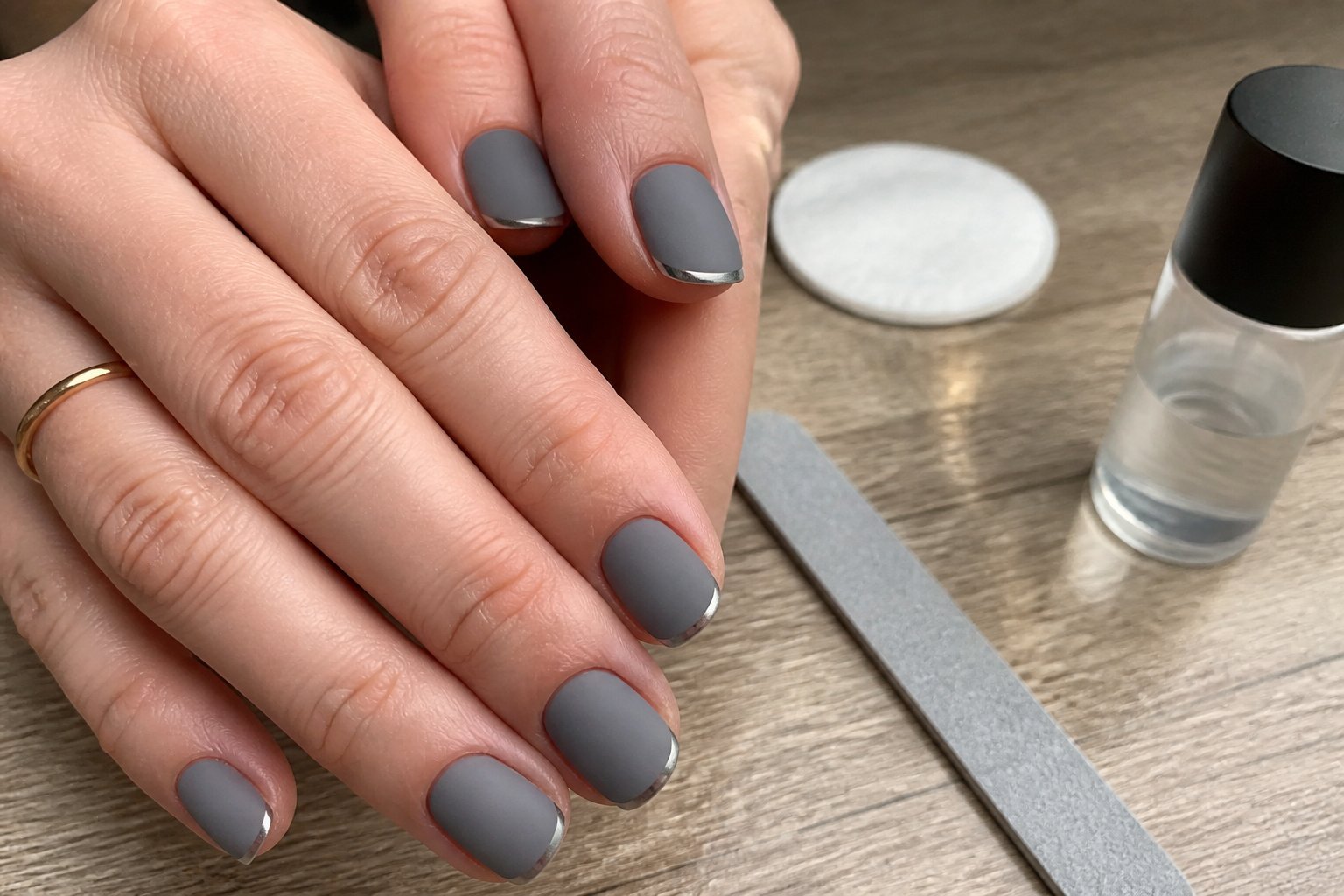 Close-up of hands with smoky gray micro French manicure with silver chrome edges resting on a wooden table with manicure tools nearby.