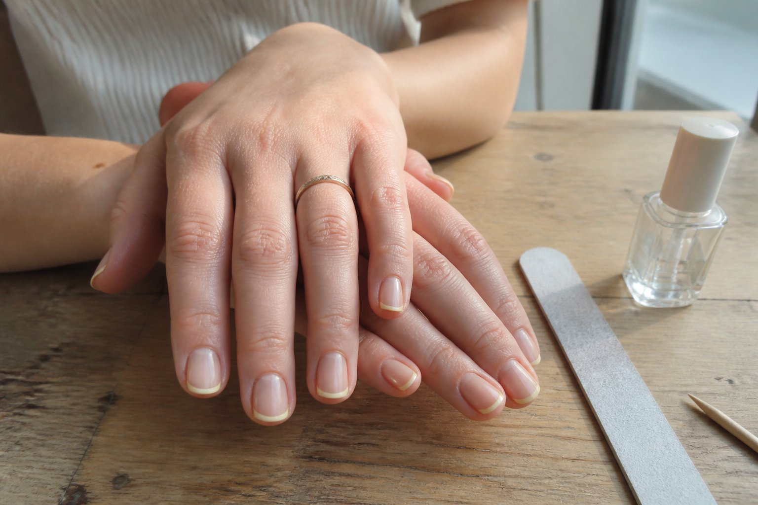 Close-up of hands with butter yellow micro French manicure resting on a wooden table with manicure tools nearby.