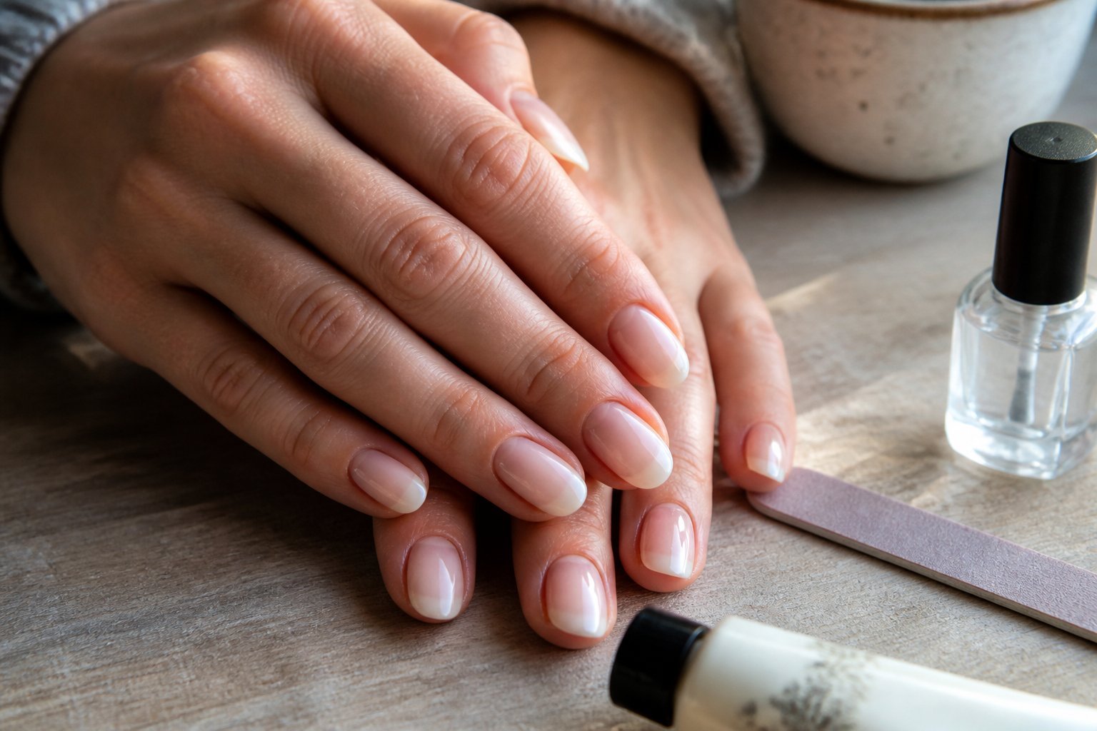 Close-up of hands with Micro Ombre French nails in sheer peach to cream shades resting on a wooden surface with nail care items nearby.