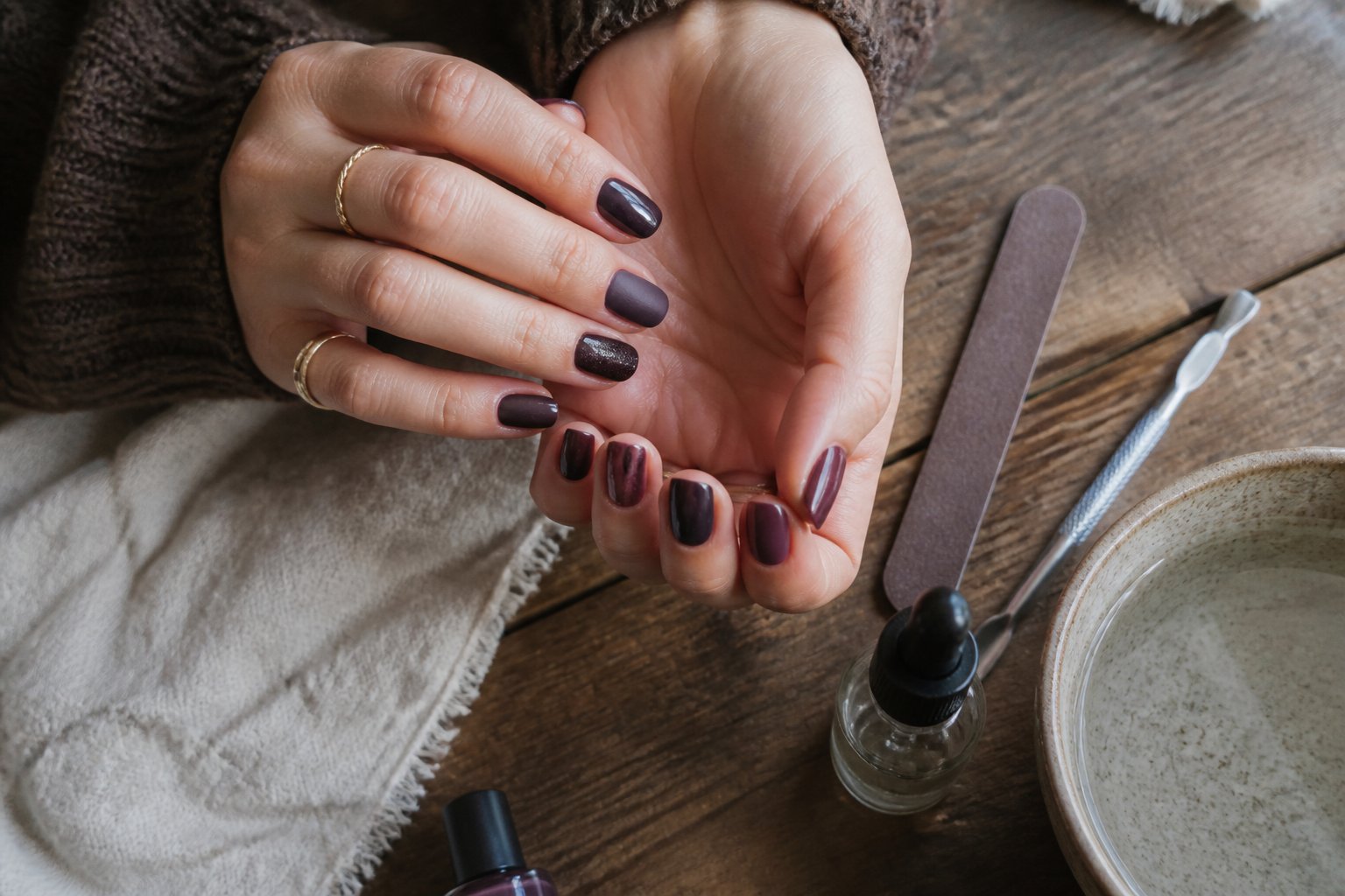 Close-up of hands with rich plum noir nails surrounded by manicure tools on a wooden table in soft daylight.