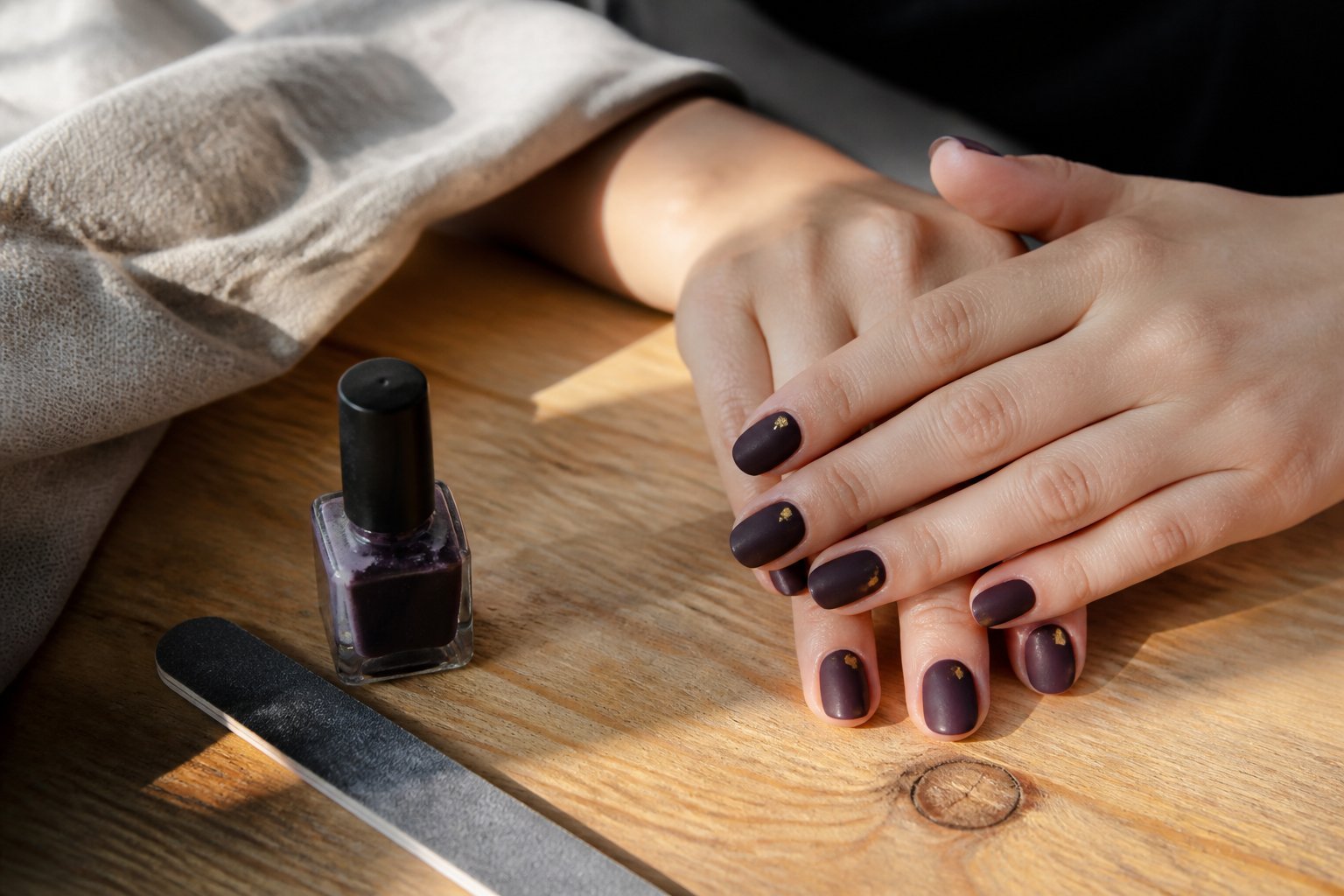 Close-up of hands with matte plum noir nails accented by gold flakes resting on a wooden table with manicure tools nearby.