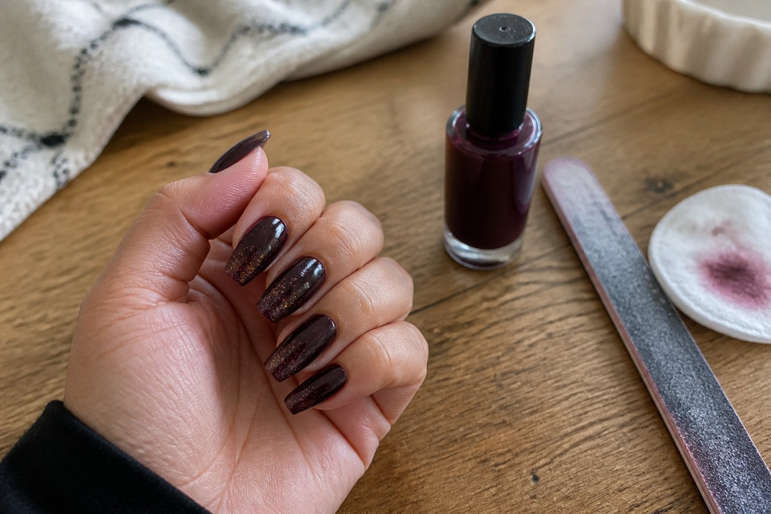 Close-up of a hand with plum noir coffin-shaped nails featuring a glitter fade, resting on a wooden table with manicure tools nearby.