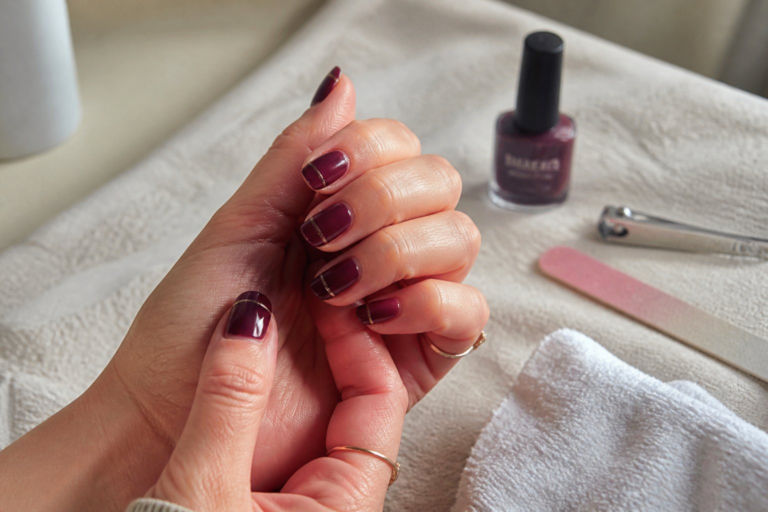 Close-up of hands with deep plum French tip nails and thin metallic copper lines, surrounded by manicure tools on a softly lit surface.