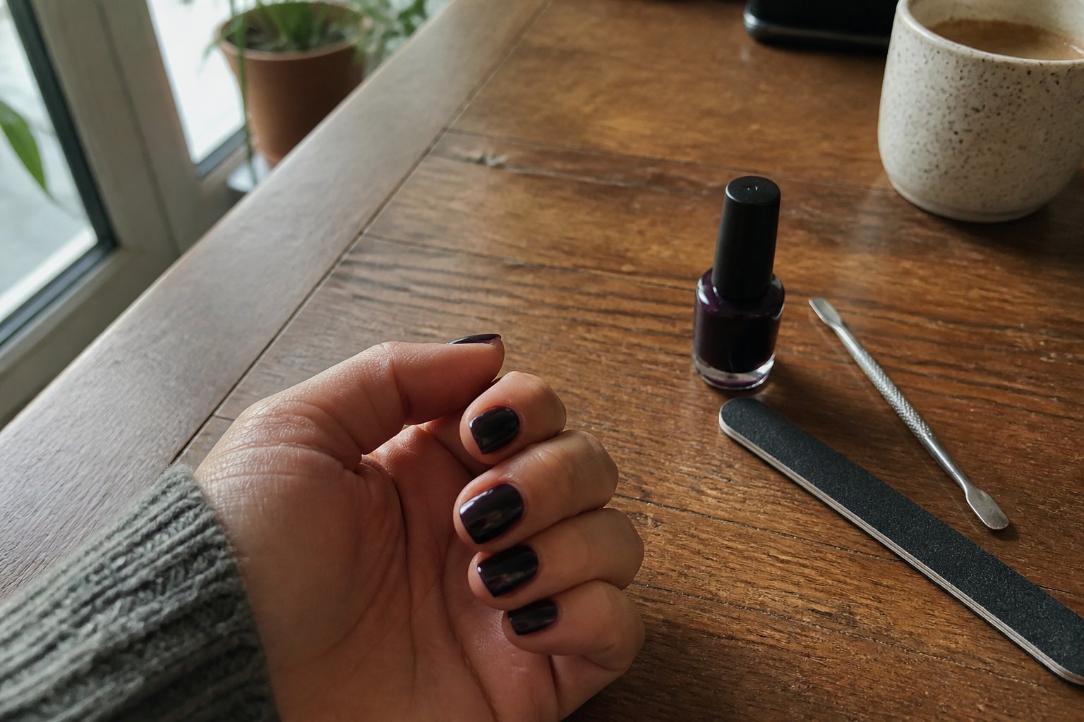 A hand with dark plum nails showing an iridescent violet sheen resting on a wooden table with manicure tools nearby, softly lit by daylight.