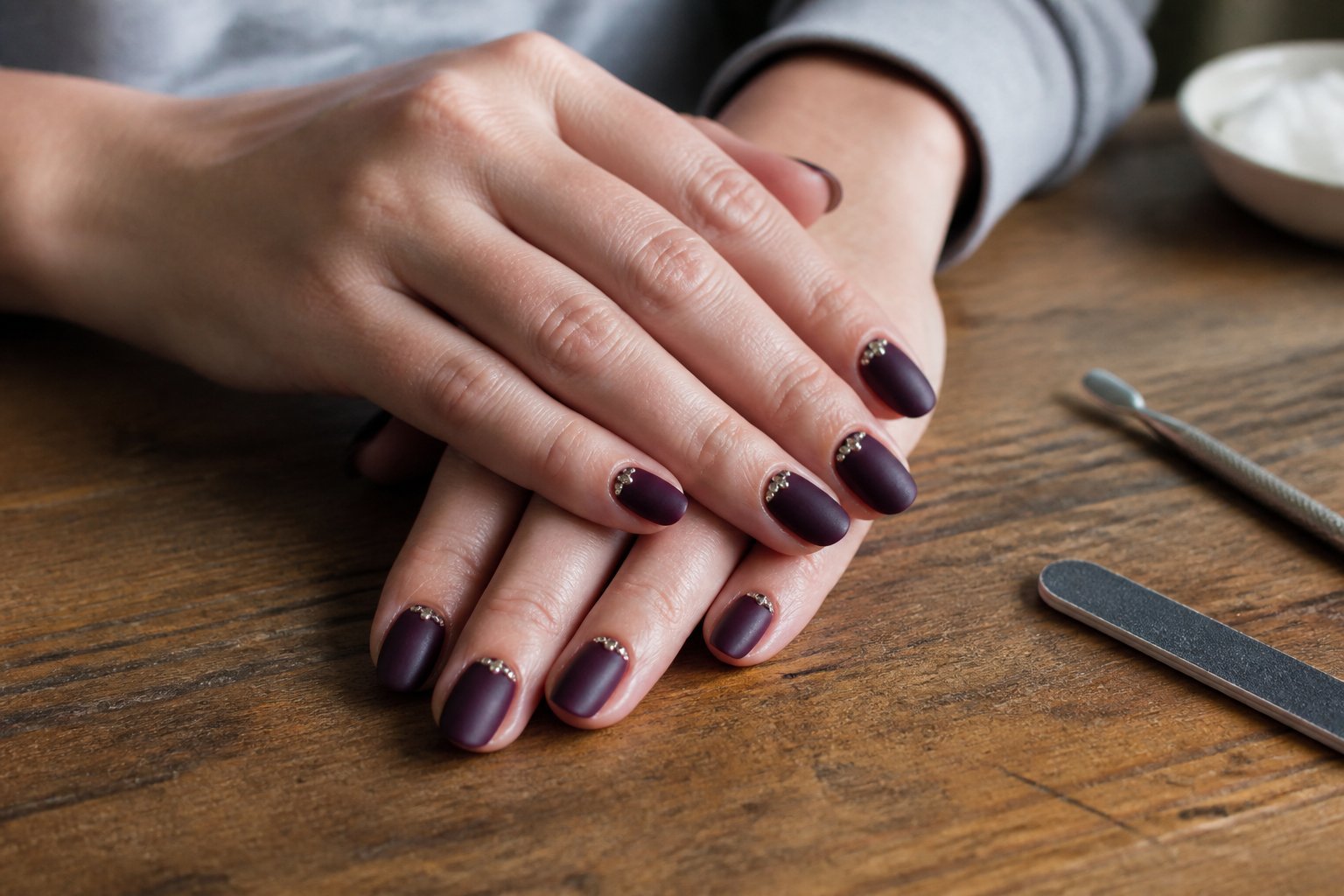 Close-up of hands with dark plum satin nails and tiny rhinestone clusters at the cuticles resting on a wooden table with manicure tools nearby.