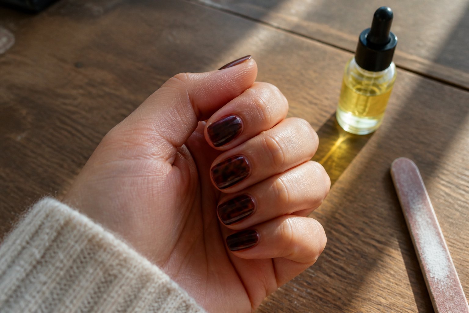 A hand with short rounded nails painted in plum noir with tortoiseshell accents resting on a wooden surface next to a nail file and a small bottle.