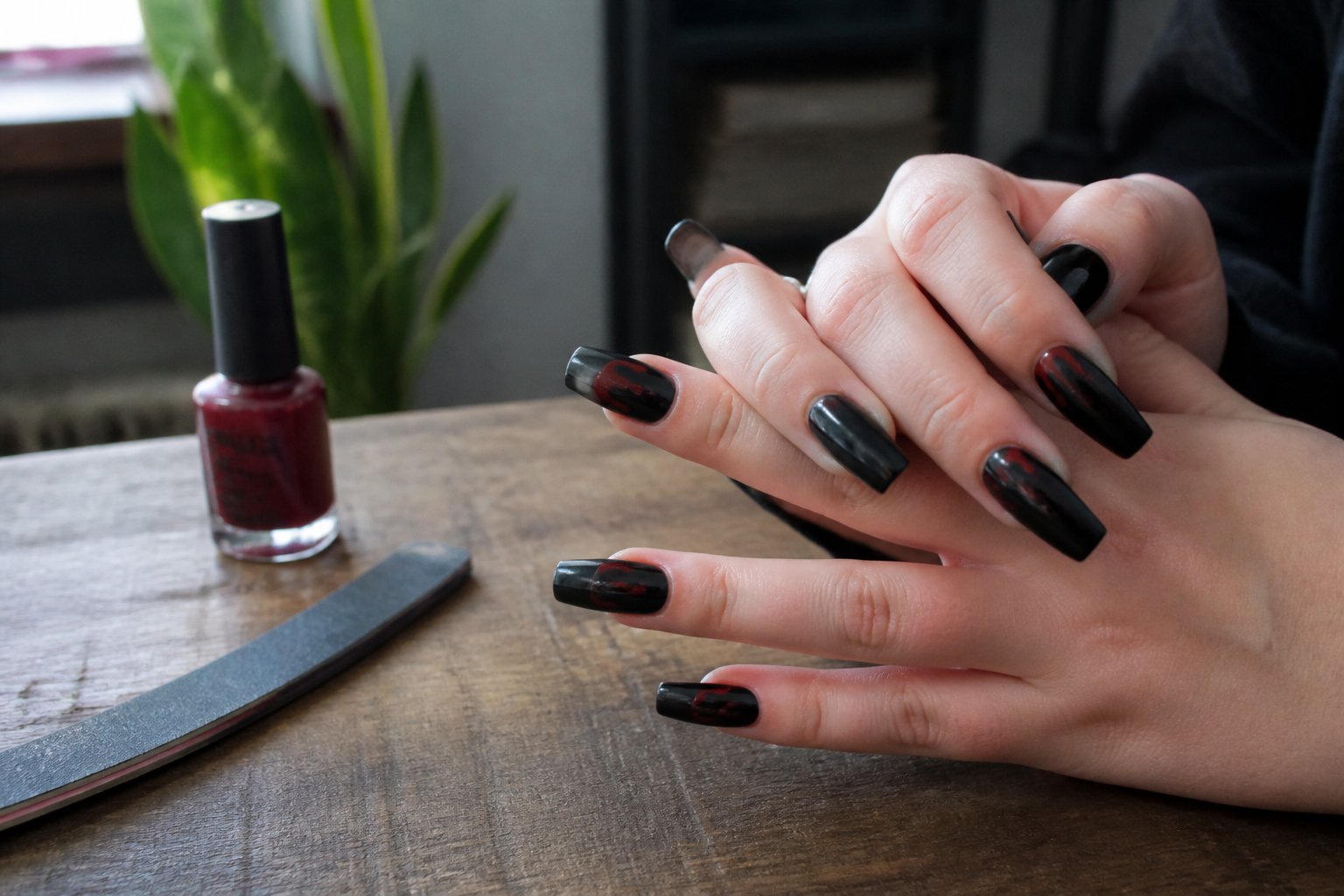 Close-up of hands with jet-black coffin-shaped nails featuring blood-drip accents resting on a wooden table with manicure tools nearby.