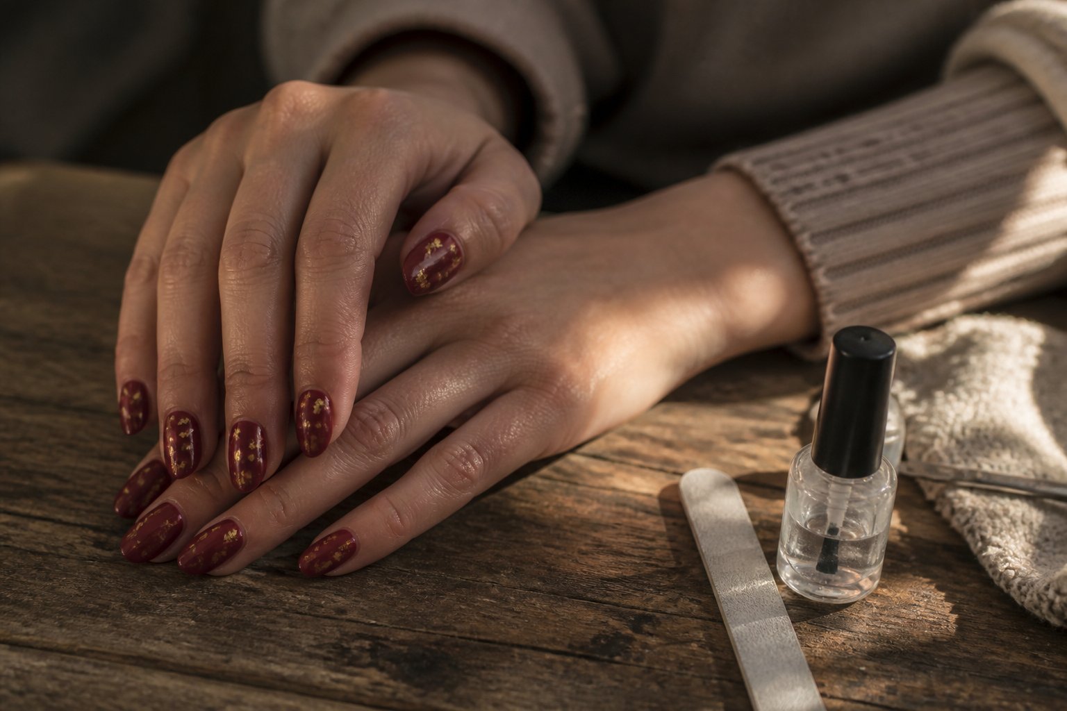 Close-up of hands with velvet-maroon almond-shaped nails decorated with gold foil flecks resting on a wooden table with manicure tools nearby.
