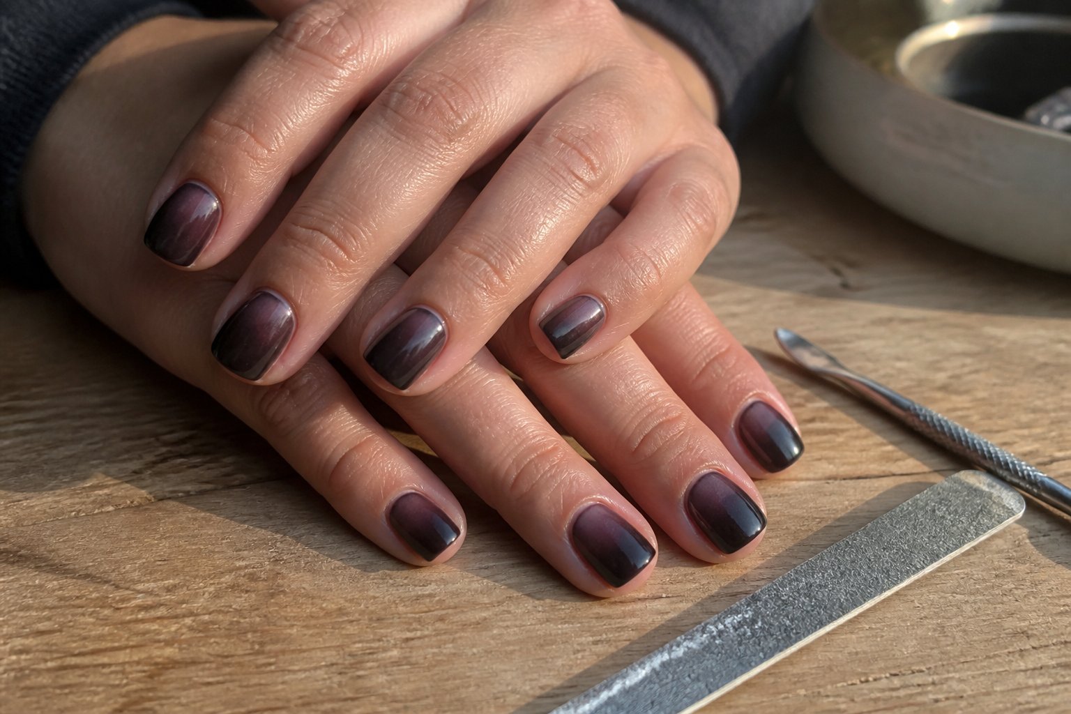 Close-up of hands with short squoval nails painted in a smudged smoky gradient, resting on a wooden surface with nail tools nearby.