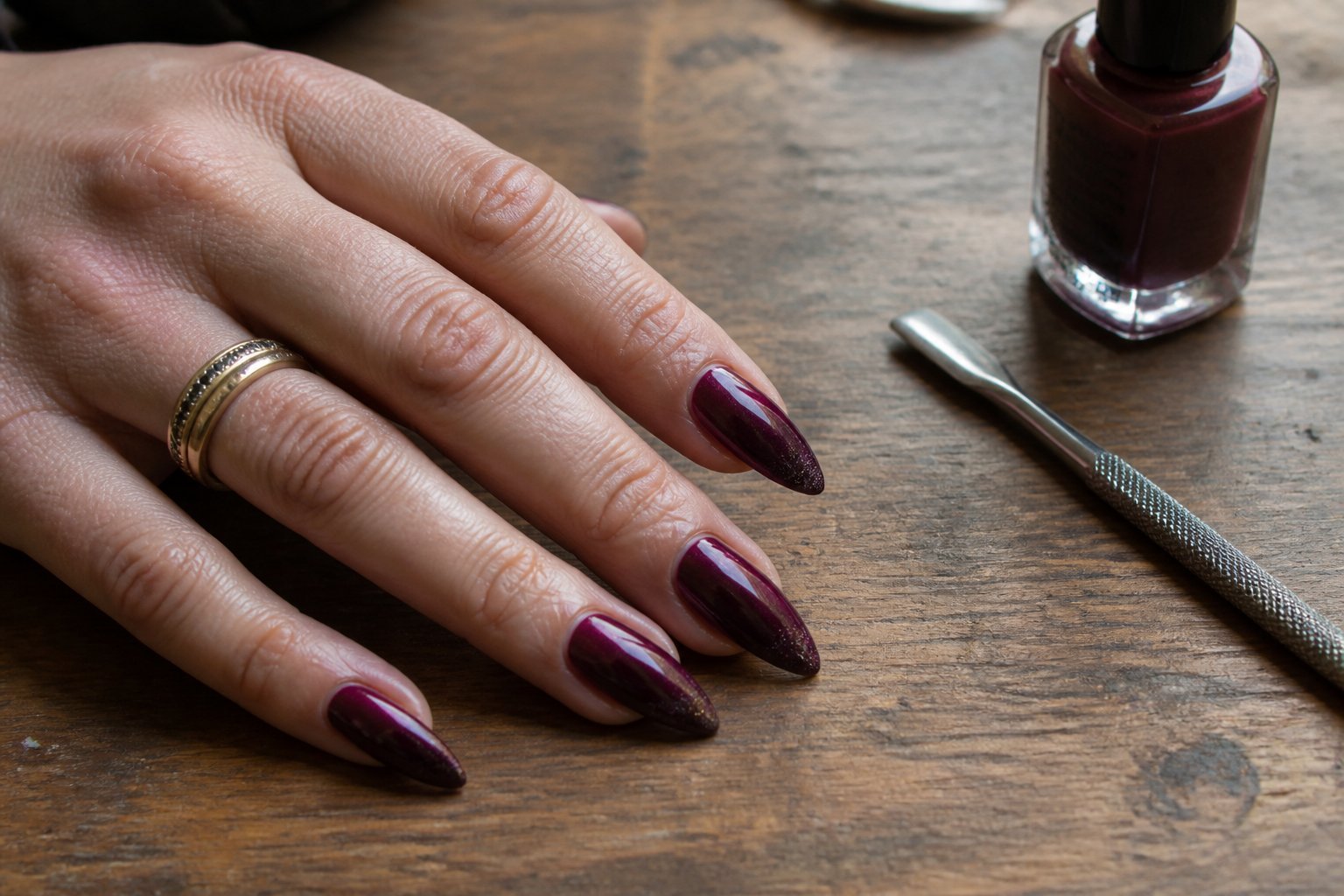 Close-up of a woman's hand with burgundy stiletto nails resting on a wooden table next to nail care tools.
