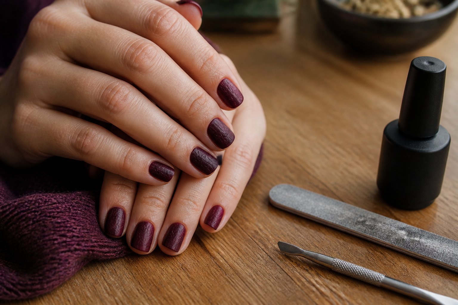 Close-up of hands with wine-red matte crackle gel polish nails resting on a wooden table with manicure tools nearby.