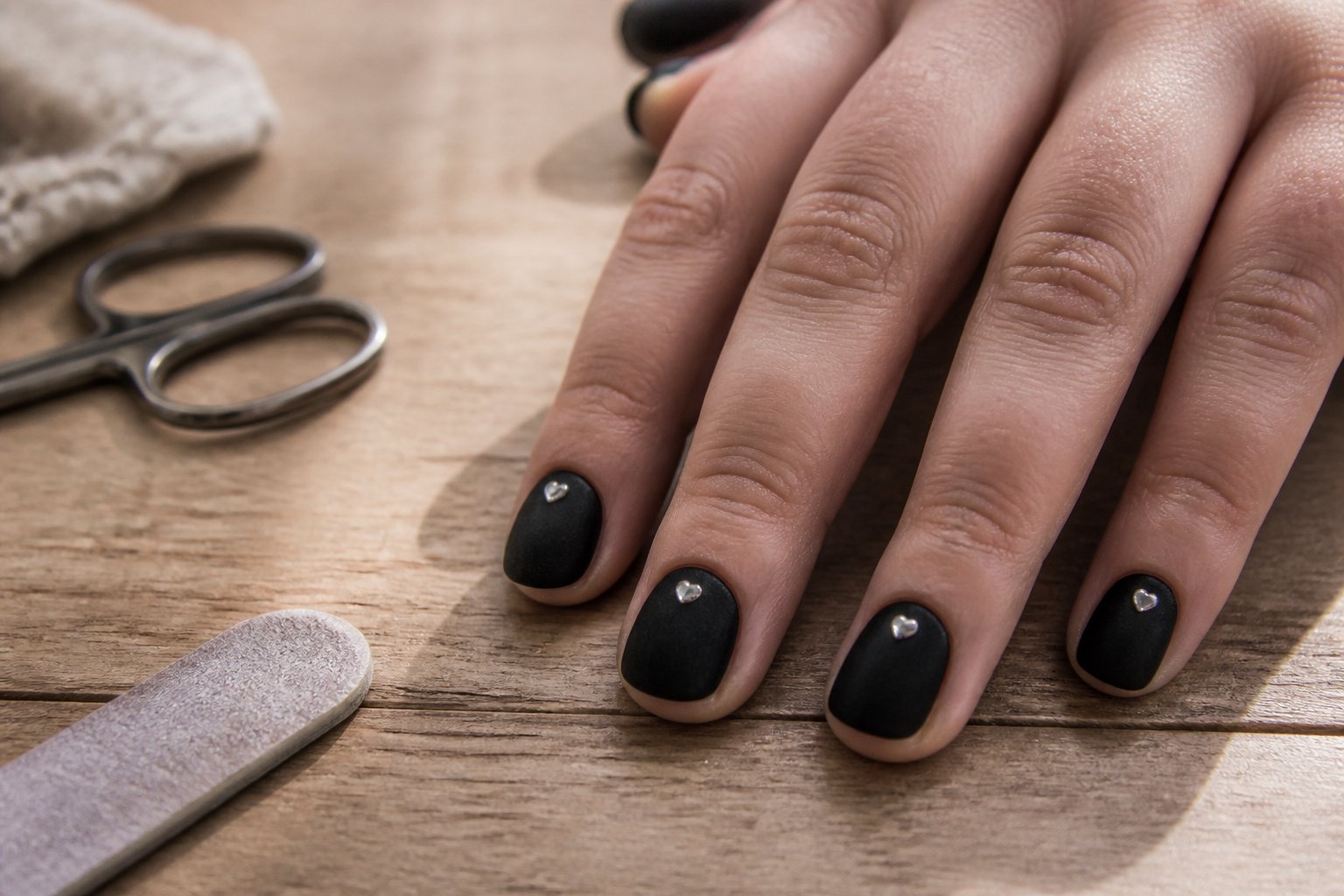 Close-up of rounded nails painted soft black with tiny heart studs, resting on a textured surface with manicure tools and a hand nearby.