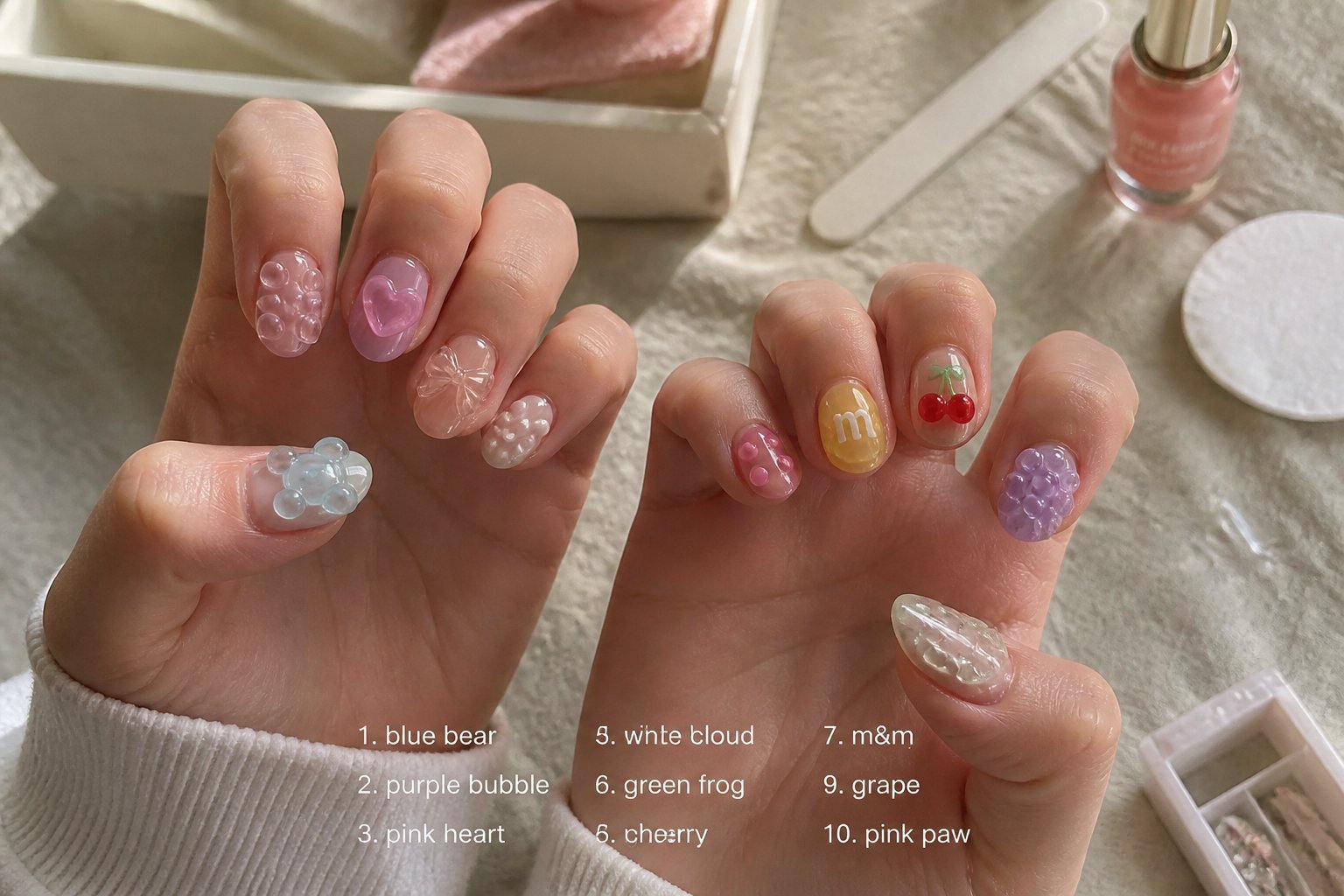 Close-up of hands with 10 different 3D jelly gummy nail designs, surrounded by manicure tools on a light surface.