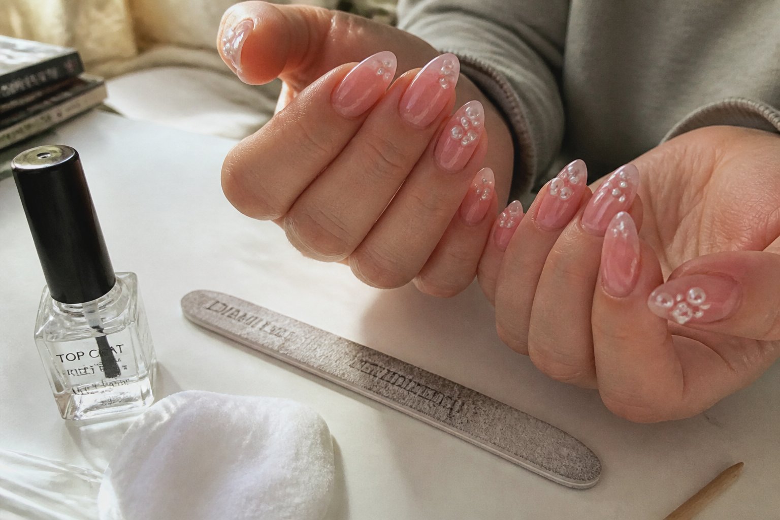 Close-up of hands with translucent pink almond-shaped nails decorated with tiny pearl clusters, surrounded by manicure tools on a clean surface.