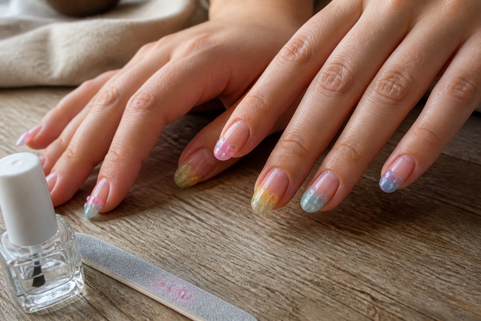 Close-up of hands with pastel rainbow jelly nails resting on a wooden table with nail tools nearby.
