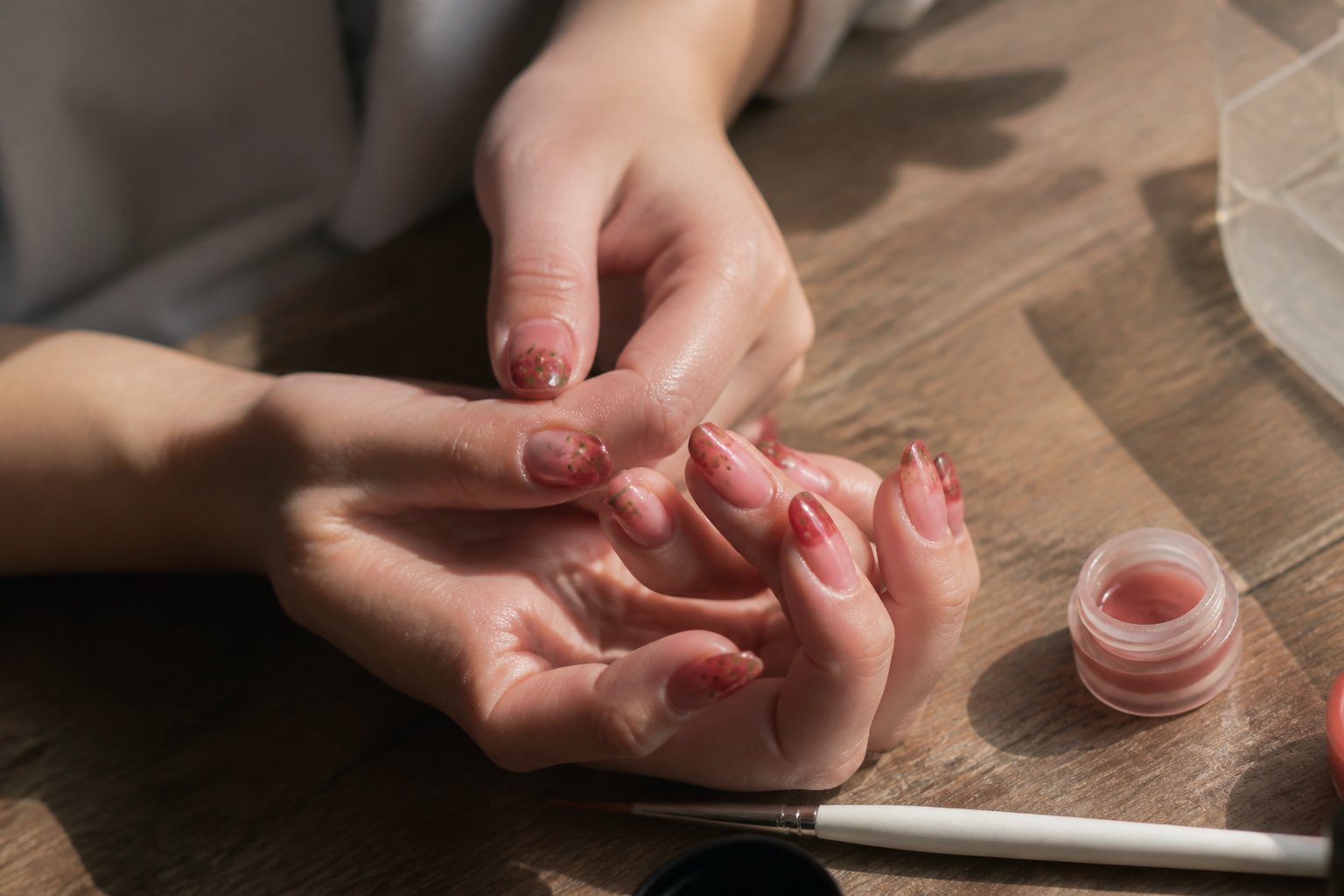 Close-up of hands with pink and red jelly strawberry nails resting on a wooden table with nail art tools nearby.